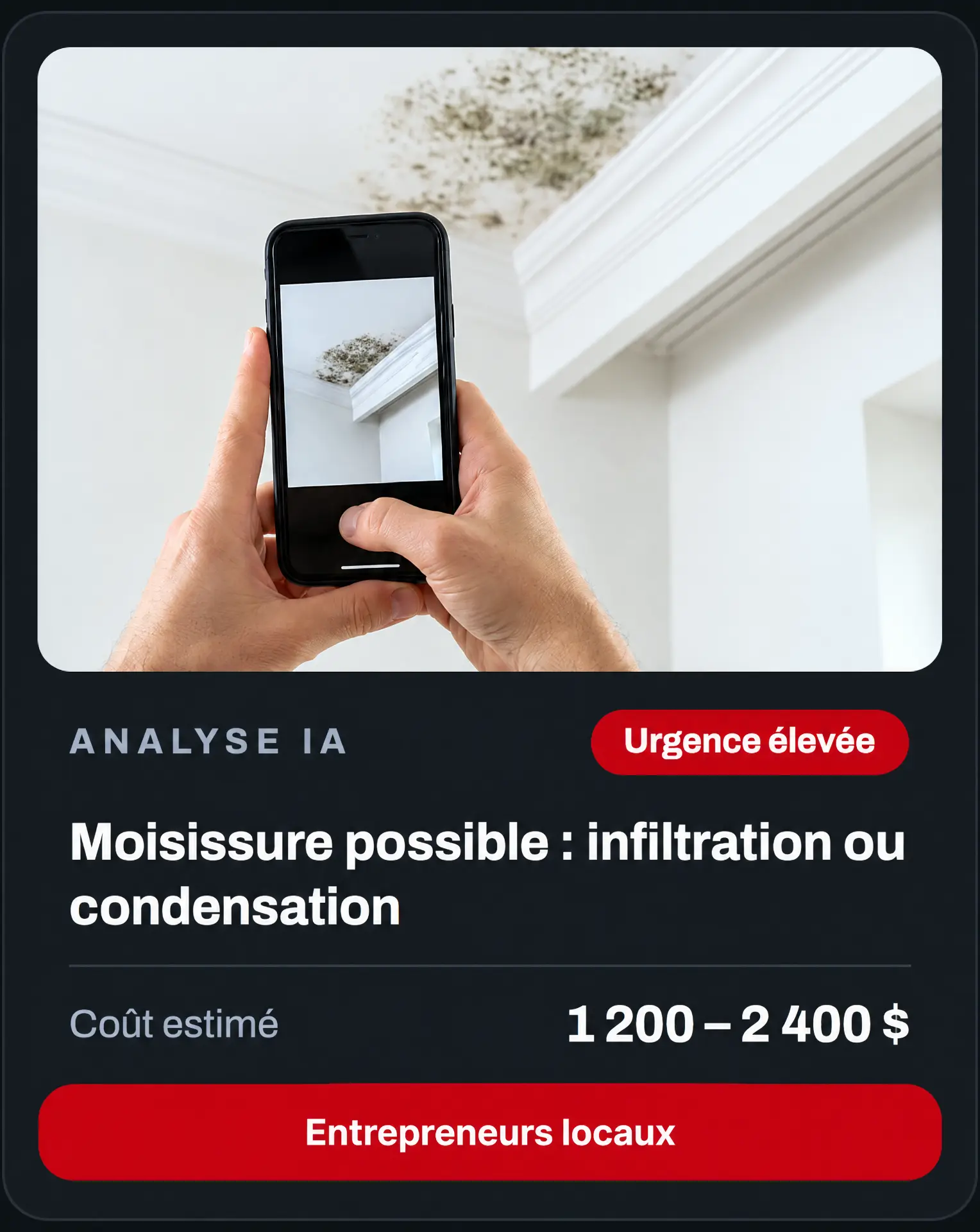Analyse IA : moisissure possible, urgence élevée, coût estimé 1 200 – 2 400 $